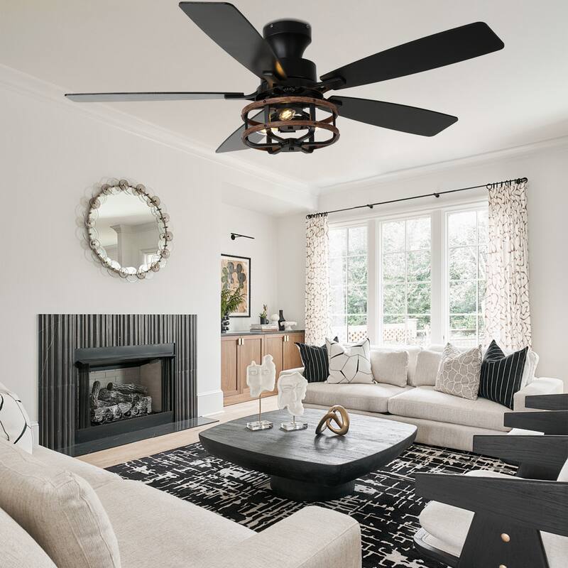 Cusp Barn 52-In Farmhouse Black Caged Ceiling Fan with Lights and Remote Control, Low Profile Flush Mount Chandelier Ceiling Fan