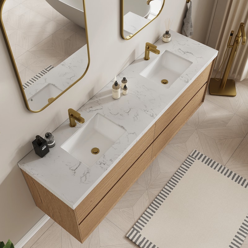Sylphar 72 inch Bathroom Vanity with Sink, Floating Oak Cabinet with Stone Top