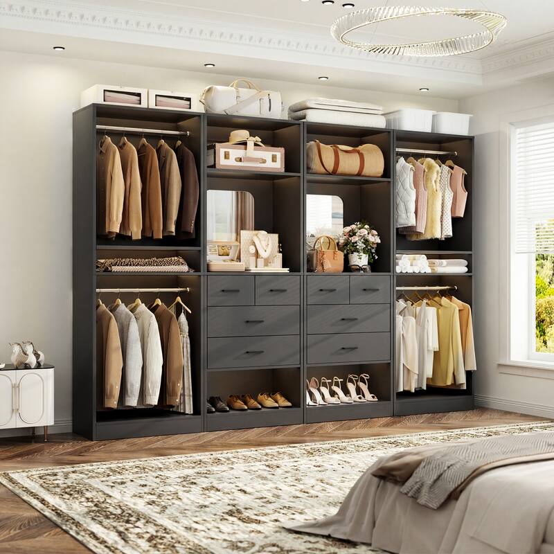 Set of 4 Closet System with 4 Drawer and Hanging Rods, Freestanding Closet Organizer with Storage Shelves