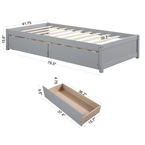 Twin Bed with 2 Drawers Solid Wood No Box Spring Needed Grey Platform Bed