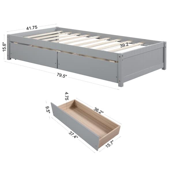 dimension image slide 1 of 3, Twin Platform Bed with 2 Drawers, Solid Wood Frame, No Box Spring Need