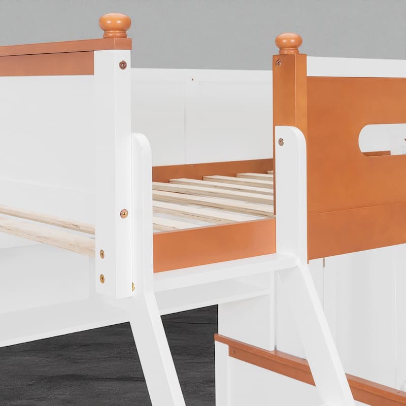 Twin Over Full Wooden Bunk Bed with Wardrobe, Drawers, Shelves & LED Light, White and Orange Finish