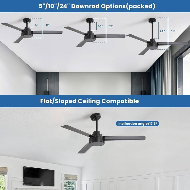 52Inch Ceiling Fan without Light, 6 Wind Speeds with Remote Control for Living Room and Patio