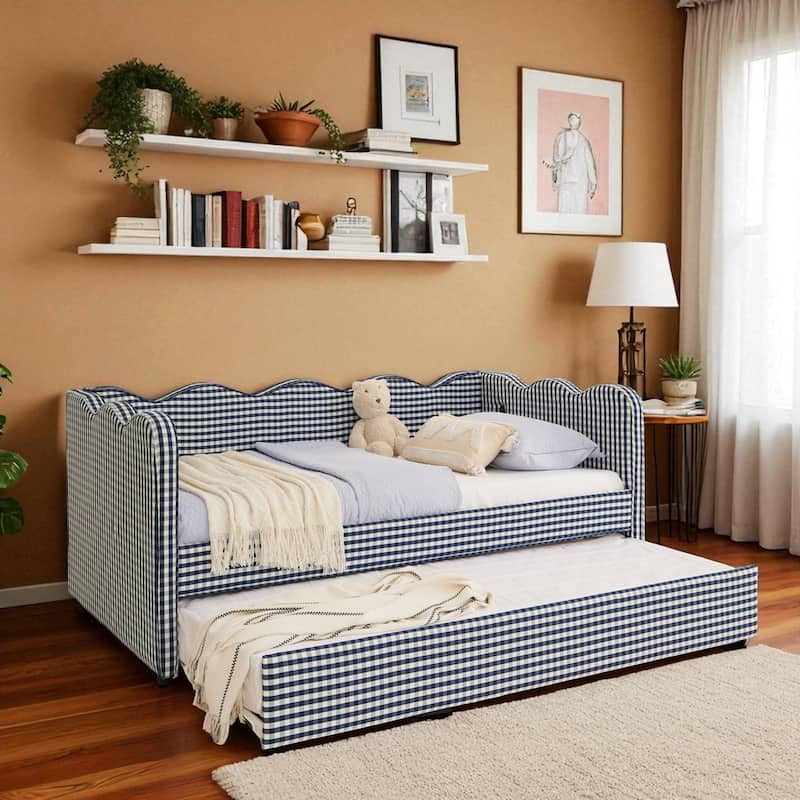Twin Size Gingham Daybed with Trundle, USB Port, Wave Design, No Box Spring Needed, Linen Upholstered Sofa Bed