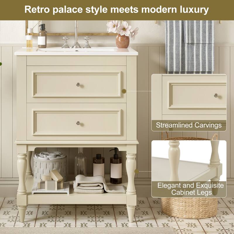 24" Bathroom Vanity with Ceramic Sink, Bathroom Storage Cabinet with Open Shelf, Retro Design Bathroom Cabinet with 2 Drawers