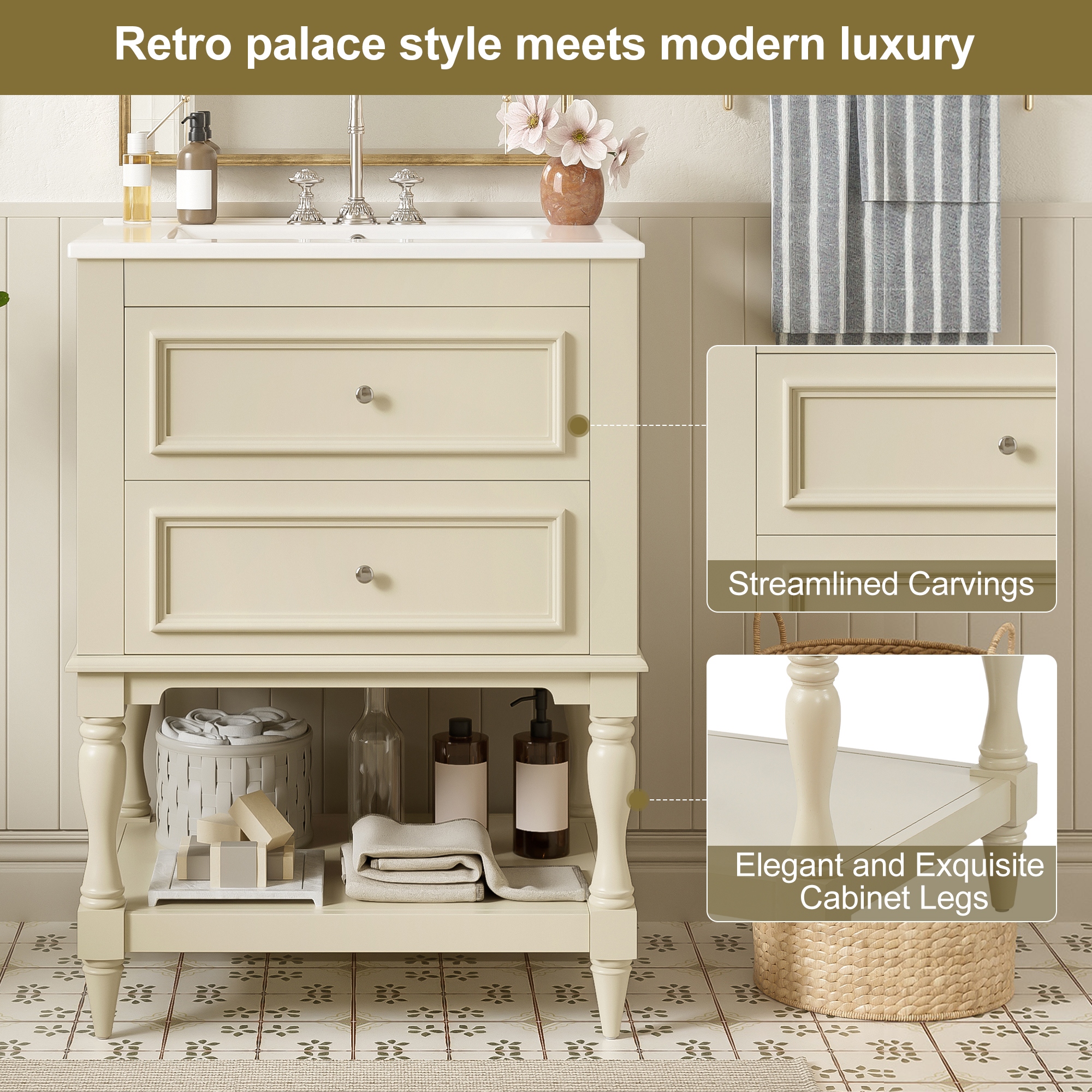 24" Retro Bathroom Vanity with Ceramic Sink & 2 Drawers - Solid Wood Storage Cabinet with Open Shelf