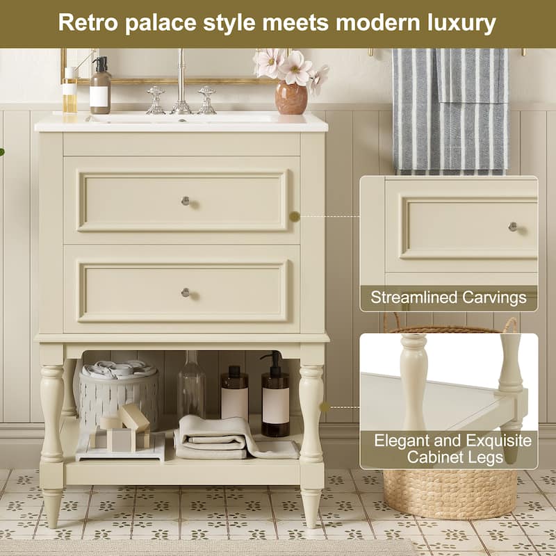 Retro Small Bathroom Vanity with Open Shelf, Ceramic Sink Cabinet