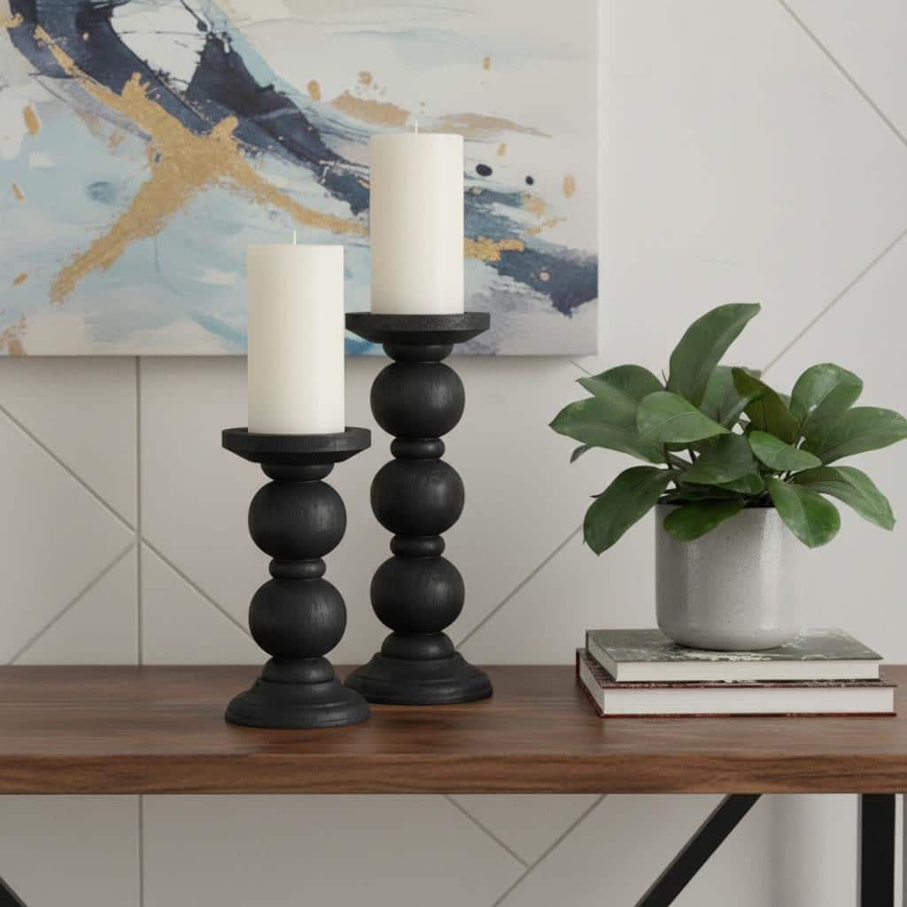 Set of Two Black Wood Abstract Tabletop Candle Holders