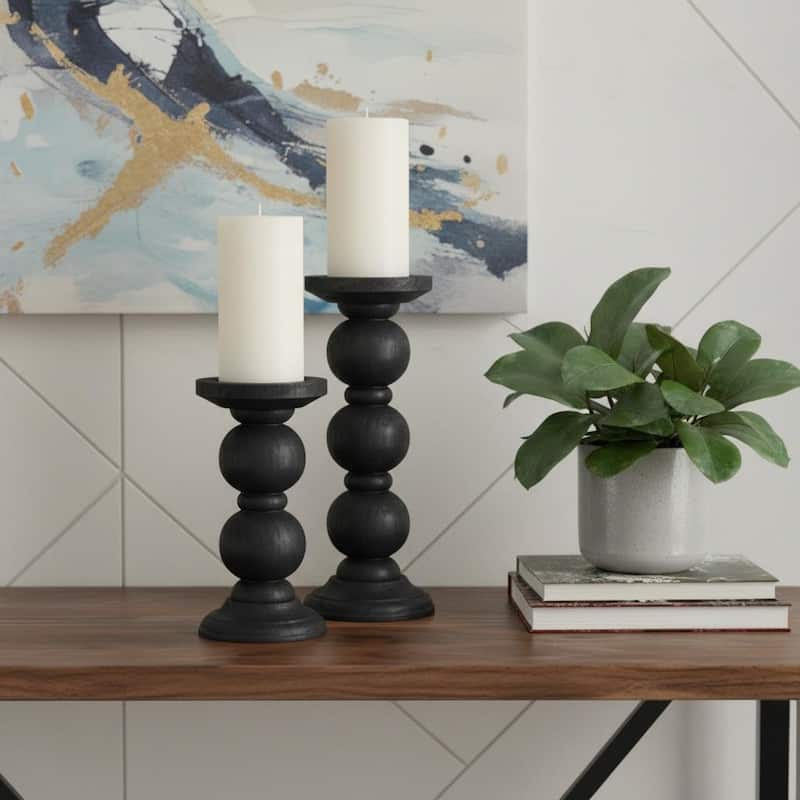 Set of Two Black Wood Abstract Tabletop Candle Holders - Black