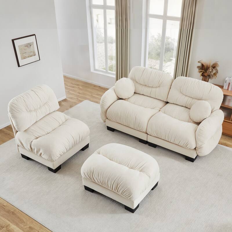 116" Chenille Pleated Design Sectional Sofa with Ottoman and 2 Round Pillows