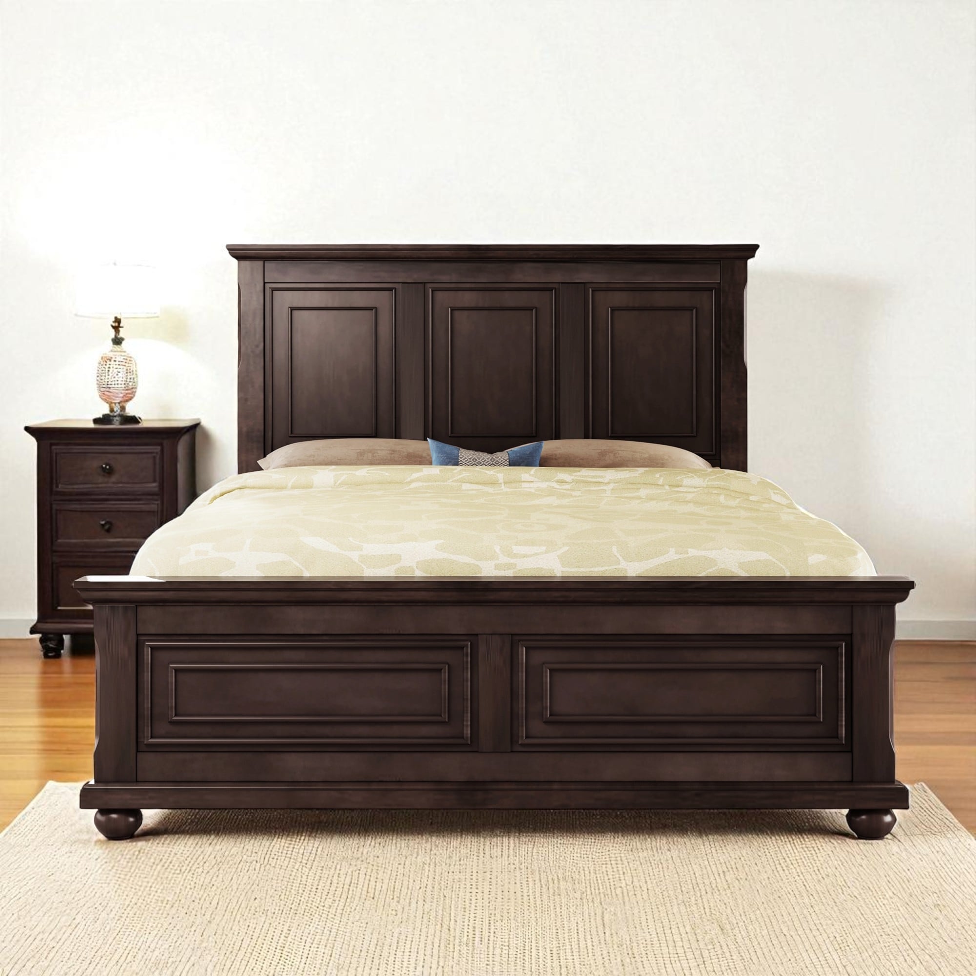 Queen Panel Bed Frame with Tall Headboard, Solid Pine Wood Traditional Mansion Style Bed with Decorative Fretwork and Wood Slats