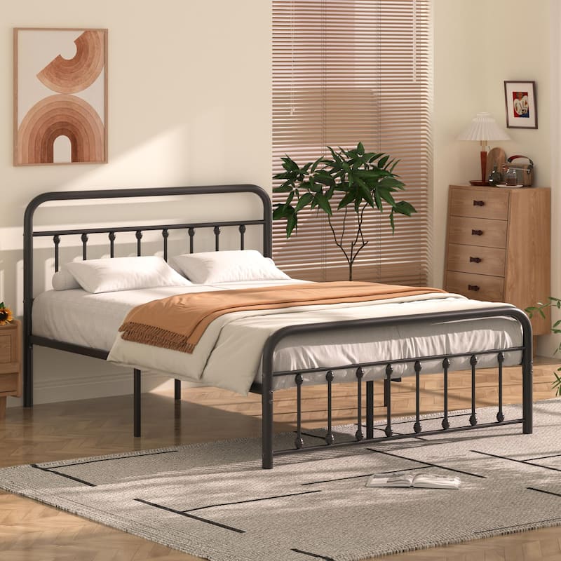Black Metal Bed Frame with Vintage Headboard and Footboard,No Box Spring Needed,Premium Stable Steel Slat Support,Black