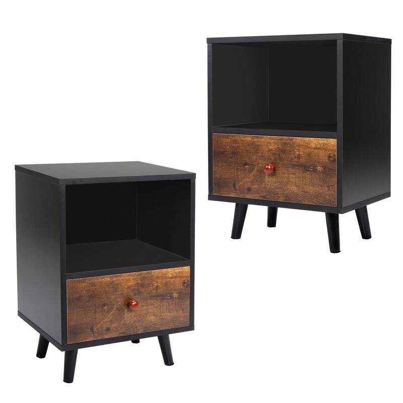 Set of 2 Bedside Cupboard End Table with Shelf 1 Drawer