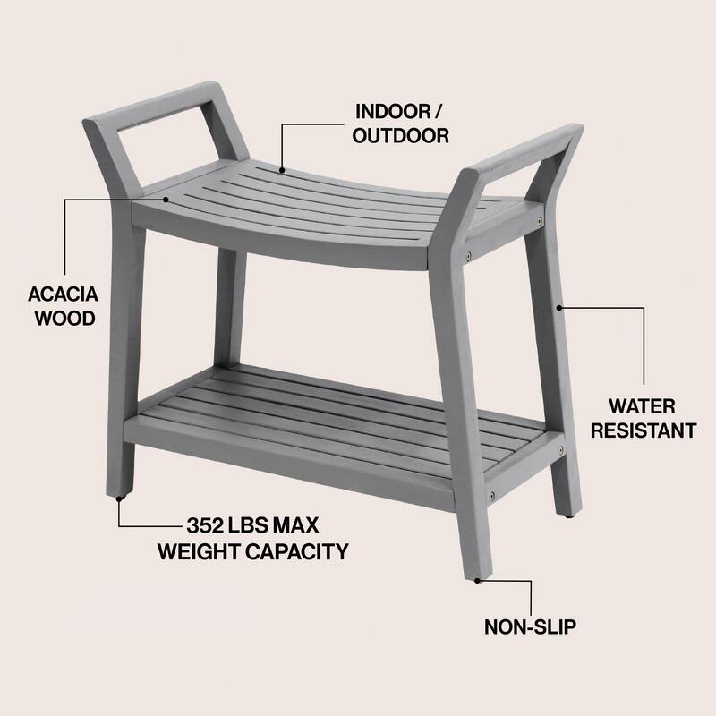 Orla 25.6" Slatted Solid Acacia Wood Indoor/Outdoor Shower Bench, Shelf, Handle, By JONATHAN Y - 25.59L x 12.01W x 23.03H