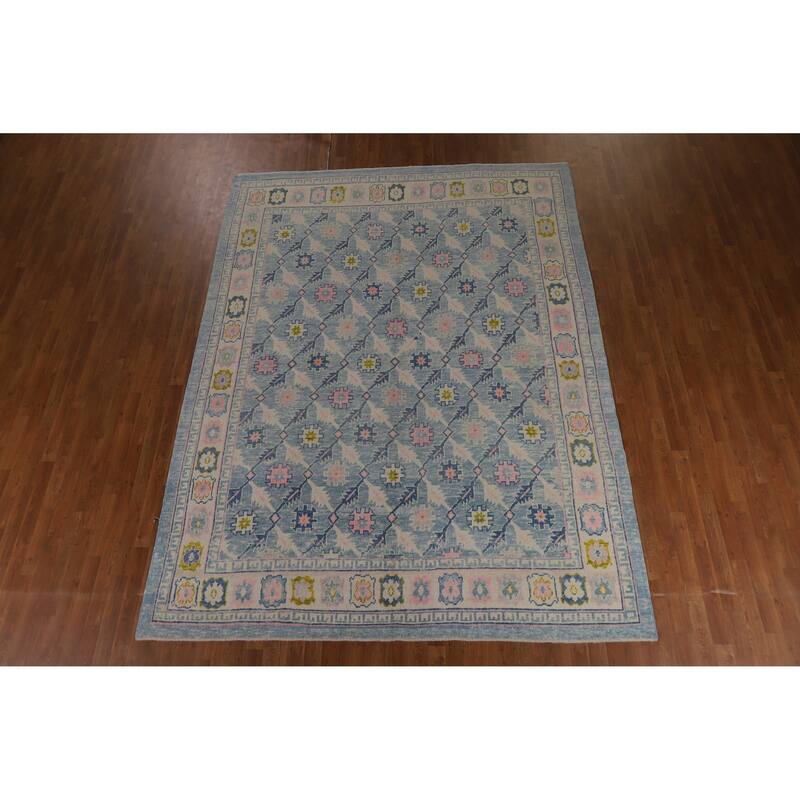 Hand Knotted Oriental 100% Wool Carpet Transitional All-Over Navy Blue & Blues Oushak Area Rug - 10' 10'' X 8' 2''