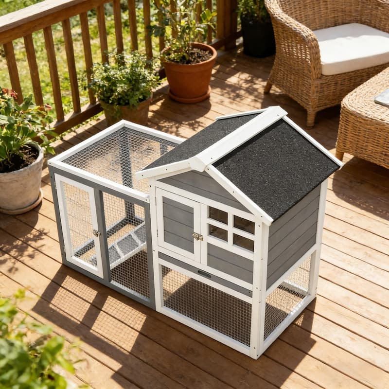 Spacious Pet House,Weatherproof Wooden Rabbit Hutch is designed for convenient cleaning - Gray,White