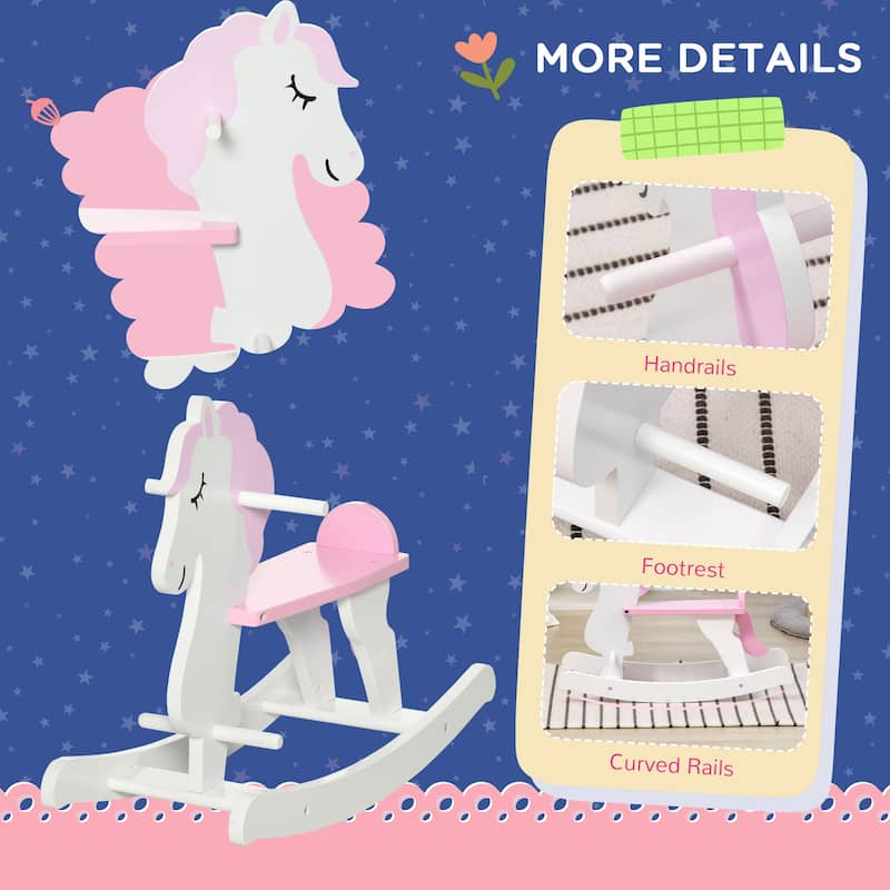 Qaba Wooden Rocking Horse, Baby Rocking Chair, for Toddlers 1-3, Kids Ride on Horse for Boys and Girls, Pink and White