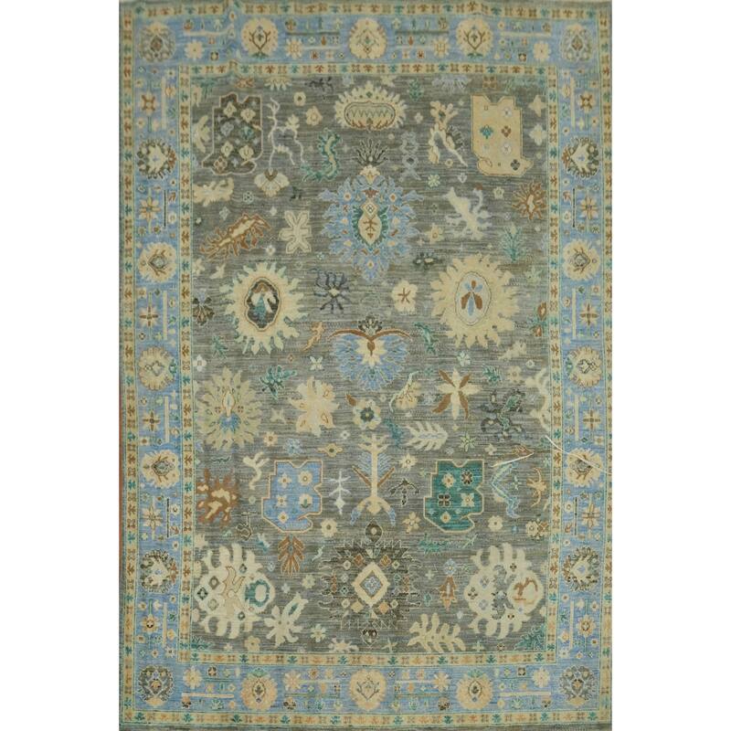 Vegetable Dye Wool Oushak Turkish Area Rug, Floral Geometric Carpet - 10' 3'' X 7' 9''