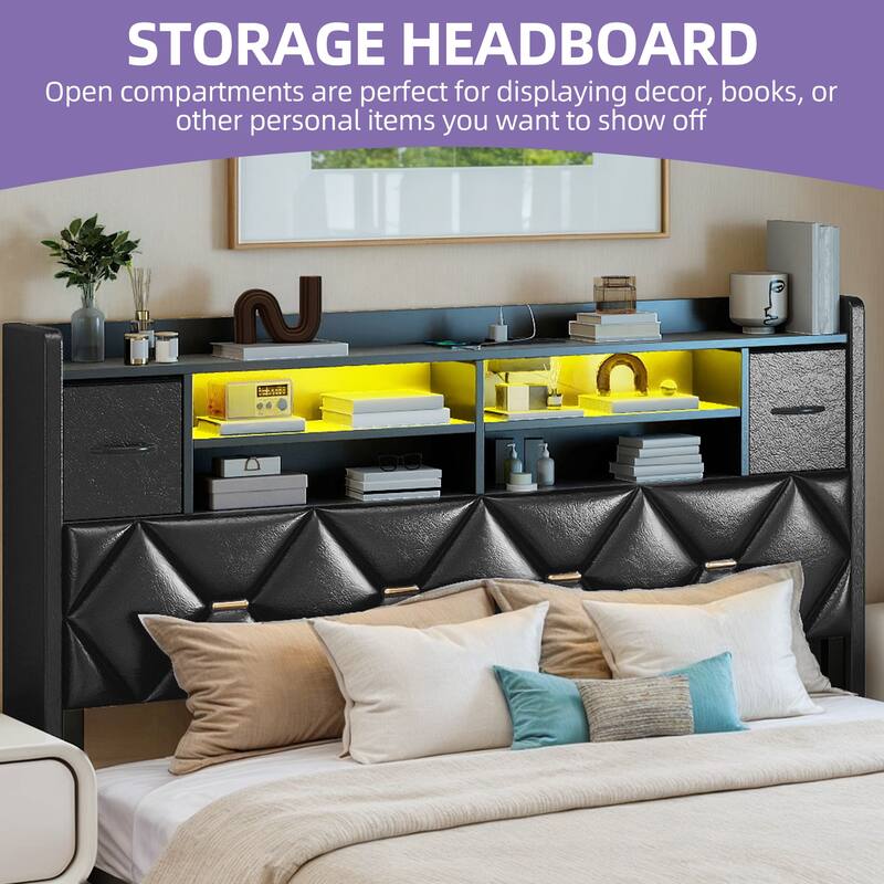 Black Farmhouse Bed Frame Upholstered Headboard Platform Bed with Charging Station