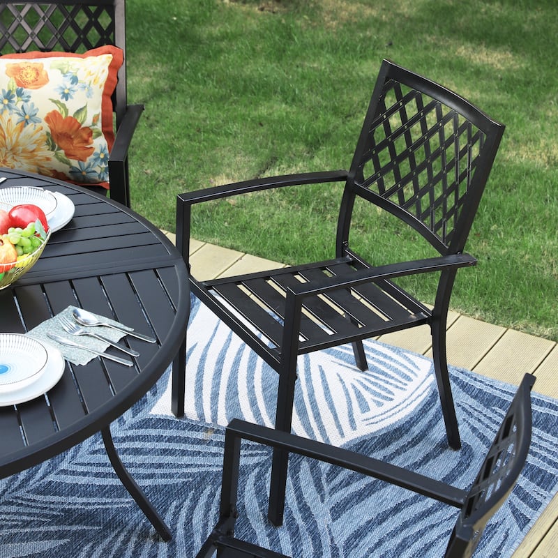 MAISON ARTS 7 Pieces Outdoor Dining Set for 6, Large Round Dining Table with Umbrella Hole & Stackable Metal Chairs