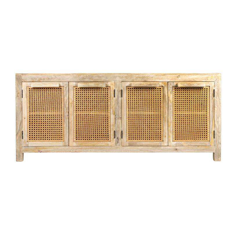 Mango Wood and Cane 4-Door Sideboard Cabinet