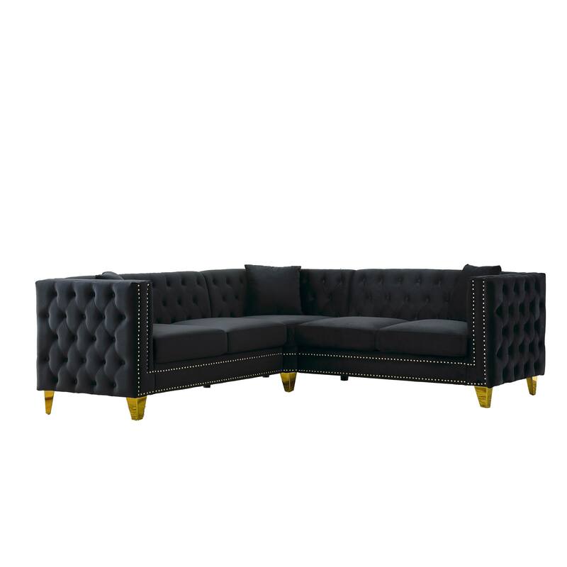 Velvet L Shaped Sofa Couch, Tufted Upholstered Sectional Couch, 5 Seater Corner Sofa with Tapered Legs & 3 Pillows