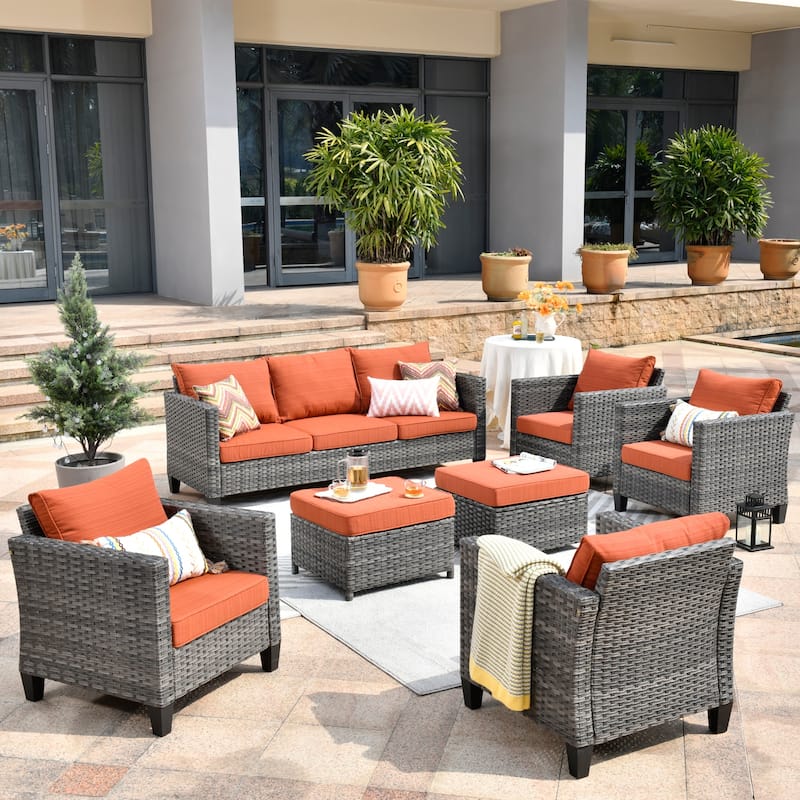 OVIOS 7-piece Patio Outdoor Wicker Conversation Set - Red/Orange