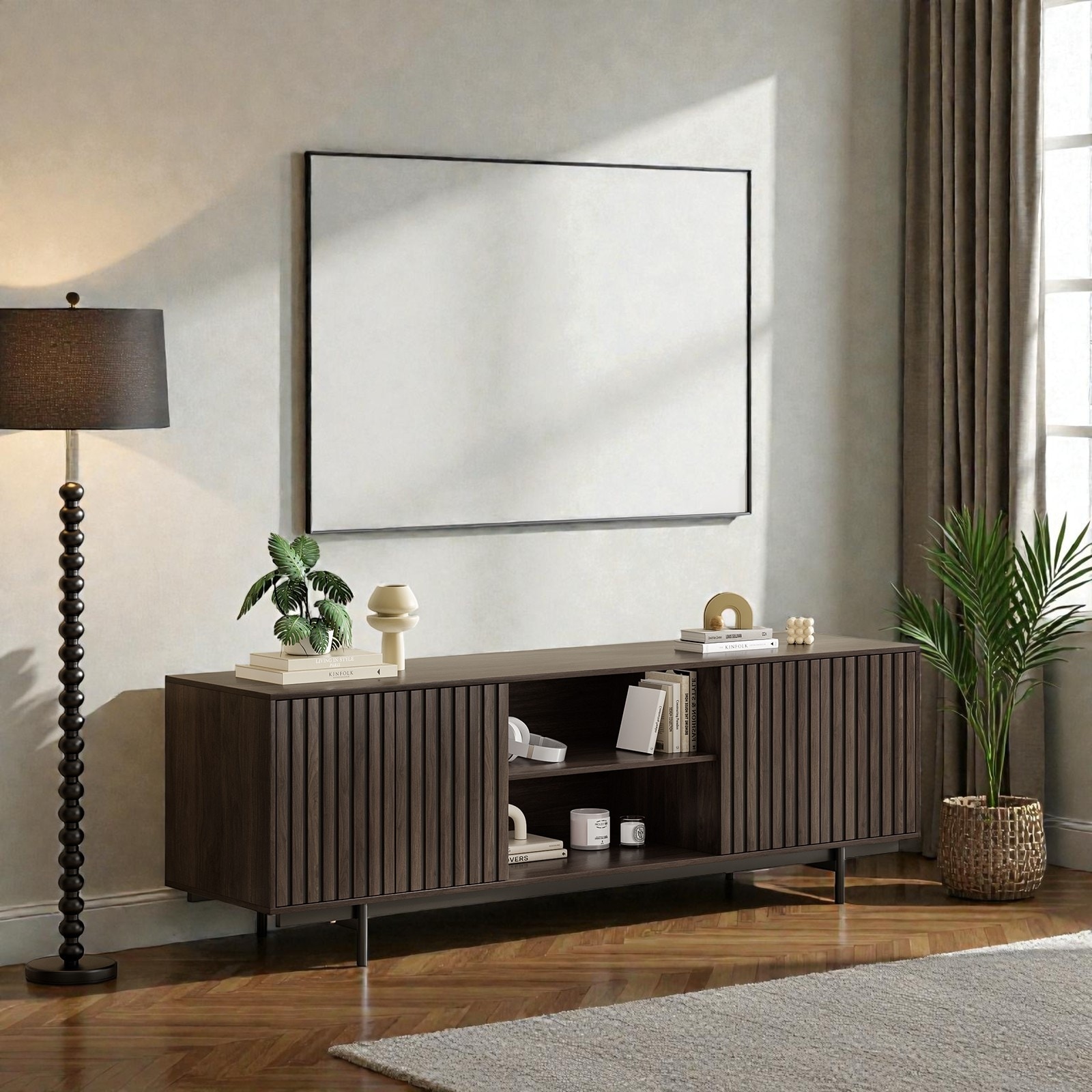 TV Stand for TVs Up to 75 Inch, Farmhouse Fluted Wood TV Console with Storage Shelves and Pop-Up Doors, Storage Cabinet