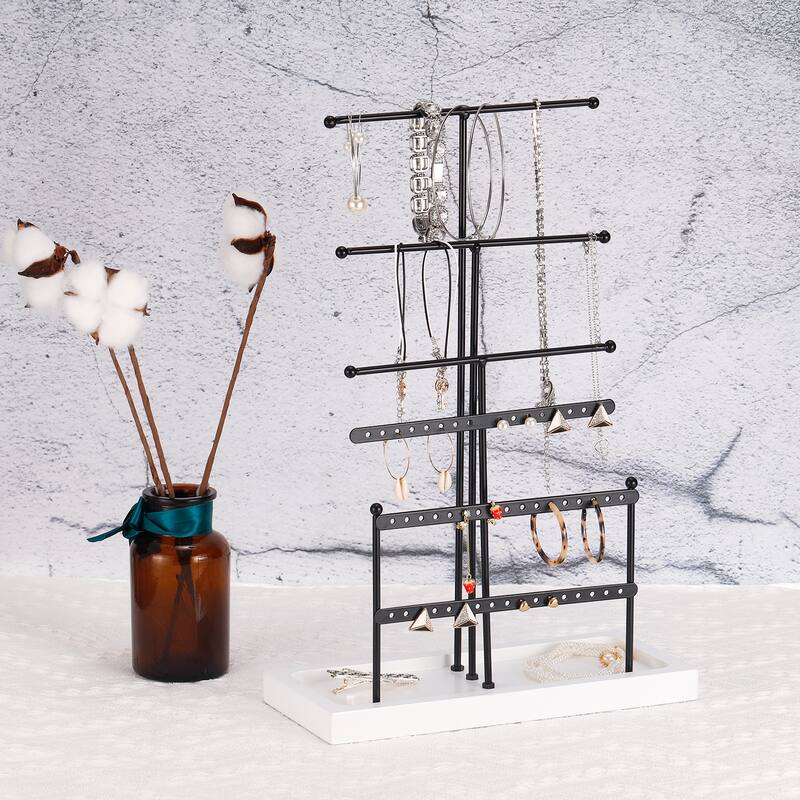 Jewelry Stand Holder, 6 Tier Metal Earring Tower with Wood Tray - Black