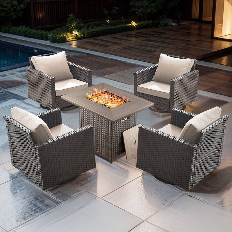 5 Pieces Fire Pit Table with Outdoor Swivel Chairs - Brown Wicker - Beige cushion