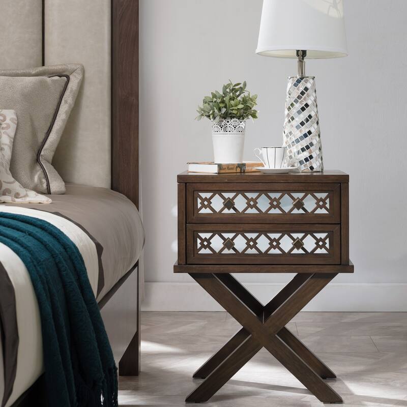 Leick Home Mirrored Diamond Filigree Two Drawer X Base Nightstand Side Table