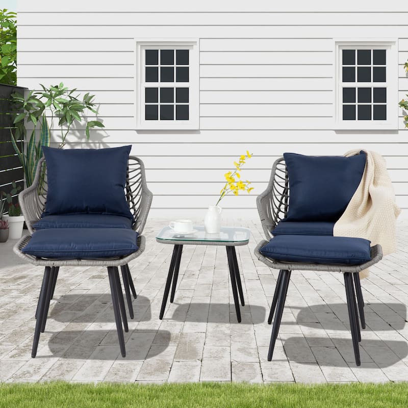 5 Piece Patio Bistro Set with Ottoman, Outdoor Wicker Furniture Sets