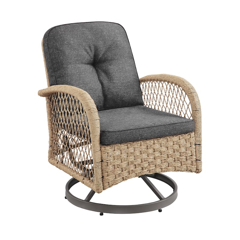 Corvus Helicon 3-Piece Outdoor Wicker Swivel Chat Set with Cushions and Glass Side Table