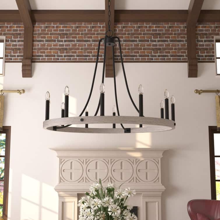 Acroma 12-light Farmhouse Modern Wagon Wheel Chandelier Candle Dining Room Lighting - 34'' - Driftwood