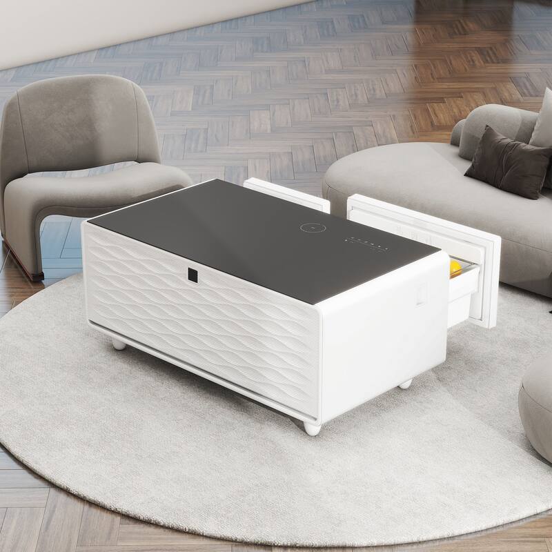 Smart Coffee Table with Built-in Fridge,Bluetooth Speaker,Wireless Charging,Touch Control Panel,USB Interface,Outlet Protection