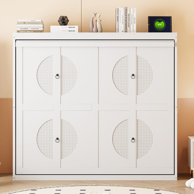 Full Size Murphy Bed Cabinet,Space Saving Foldable Wall Bed with Rattan Design, Dual-Piston Mechanism - White