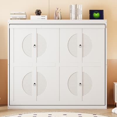 Full Size Murphy Bed with Rattan Design & Dual-Piston Mechanism