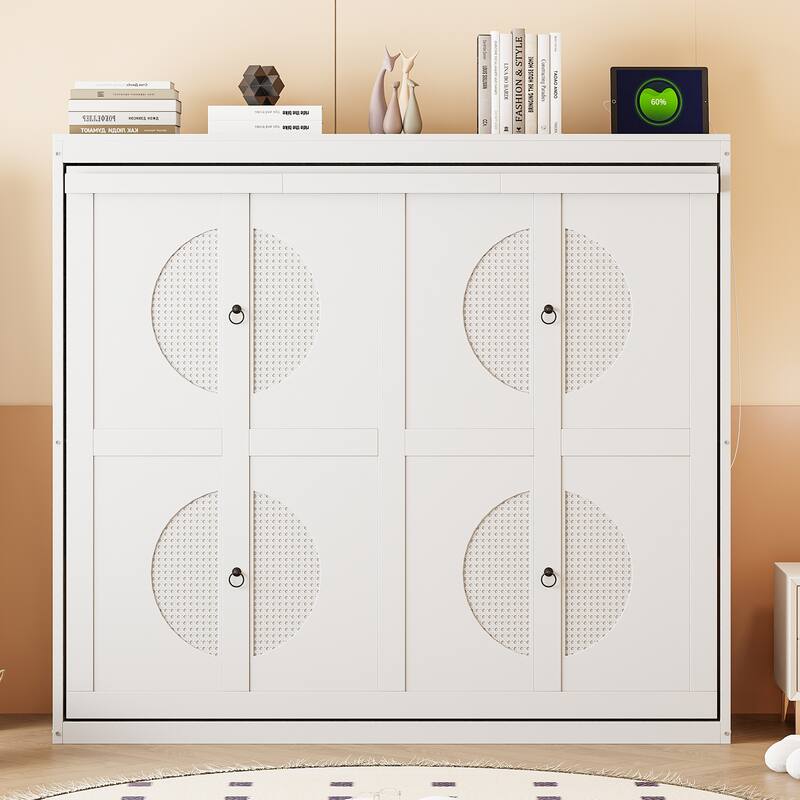 Full Size Murphy Wall Bed with Rattan Design and Easy Fold Mechanism - Space-Saving for Small Rooms - White