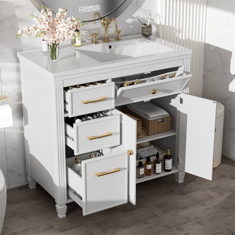 36" Bathroom Vanity w/ Ceramic Sink, Freestanding Bathroom Vanity Cabinet w/ 3 Side Drawers, 1 Tip-out Drawer & Adjustable Shelf - White