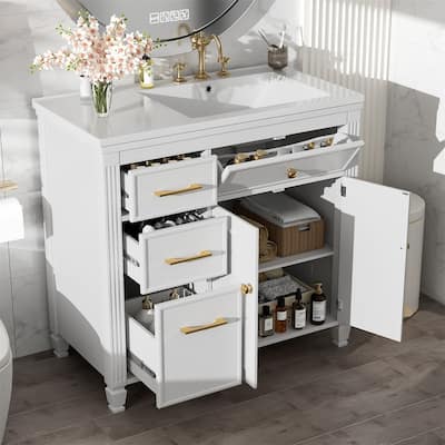 36" Bathroom Vanity w/ Ceramic Sink, Freestanding Bathroom Vanity Cabinet w/ 3 Side Drawers, 1 Tip-out Drawer & Adjustable Shelf