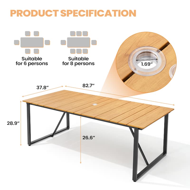 Outdoor Aluminum Patio Dining Table Rectangle with Umbrella Hole - 82.7 in L * 37.8 in W * 28.9 in H