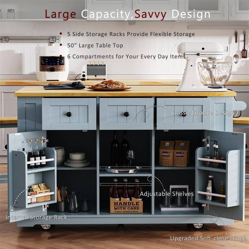 3-Piece/1 Piece Kitchen Island Set with/without 2 Bar Stools, Kitchen Cart on Wheels with 3 Drawers, Drop Leaf & Open Side Racks