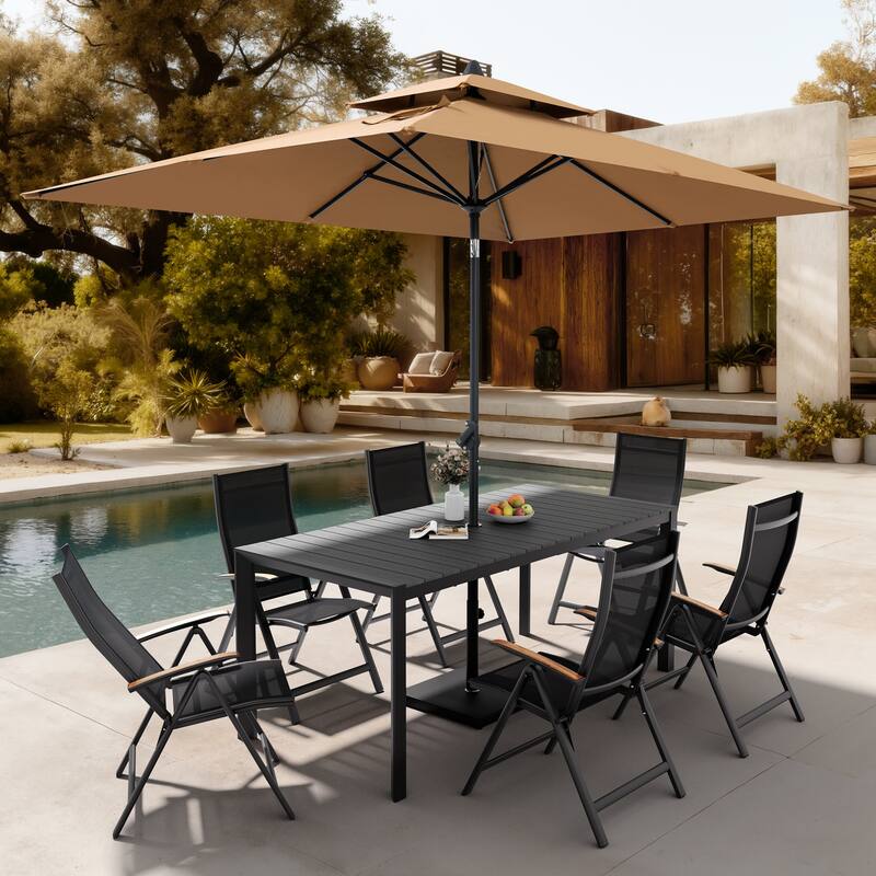 9-Piece Outdoor Patio Dining Set Wood Like Aluminum Umbrella Hole Table with Folding Chairs, Market Umbrella and Base - GreyTable&BlackChairs&TanUmbrella