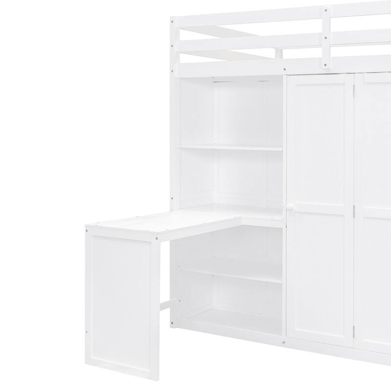 Full Size Loft Bed with Wardrobe,Desk and Shelves