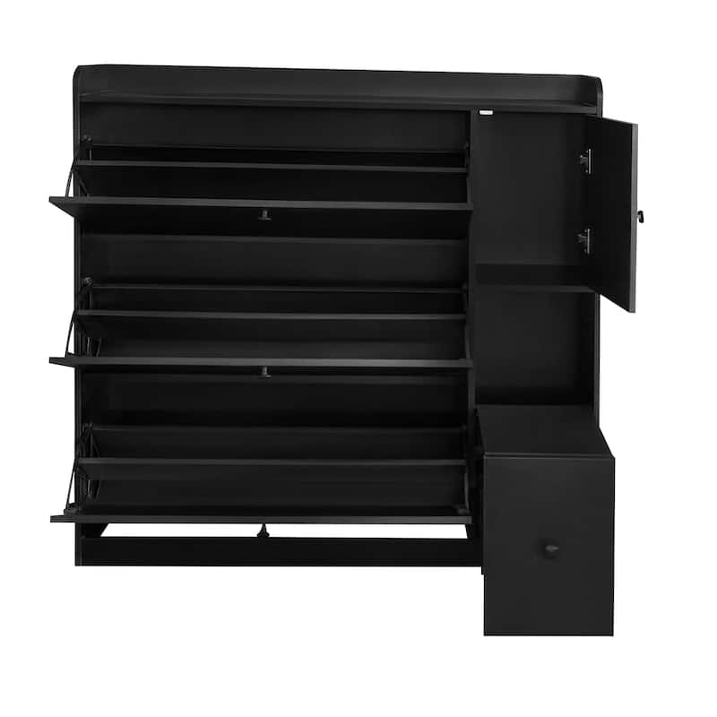 Modern Shoe Cabinet with Pull-Down Seat & 3 Flip Drawers, Freestanding Entryway Storage