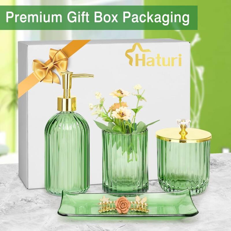 4-piece bathroom accessories set with soap dispenser, toothbrush holder, medicine bottle, tray