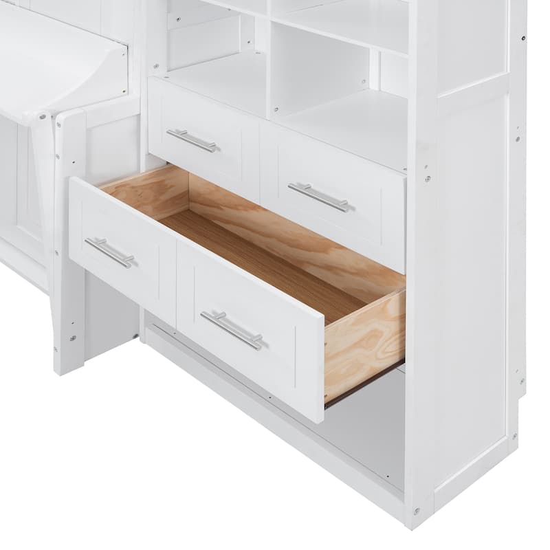 Space-Saving Queen Murphy Bed with Built-in Closet, Drawers and Shelves in White/Gray
