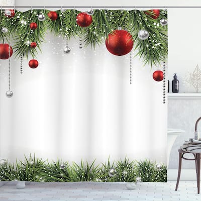 Christmas Shower Curtain Set, 69" W x 70" L, Green Red Pine Print