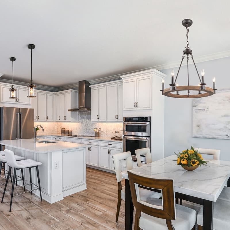 Modern Farmhouse 6-Light Wagon Wheel Chandelier Rustic Wood Kitchen Island Light for Dining Room