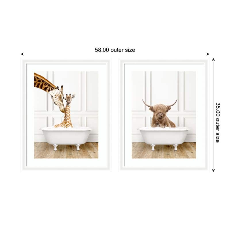 Kate and Laurel Highland Cow & Giraffe in Traditional Bathtub 2 Piece Framed Wall Art Print Set by Amy Peterson